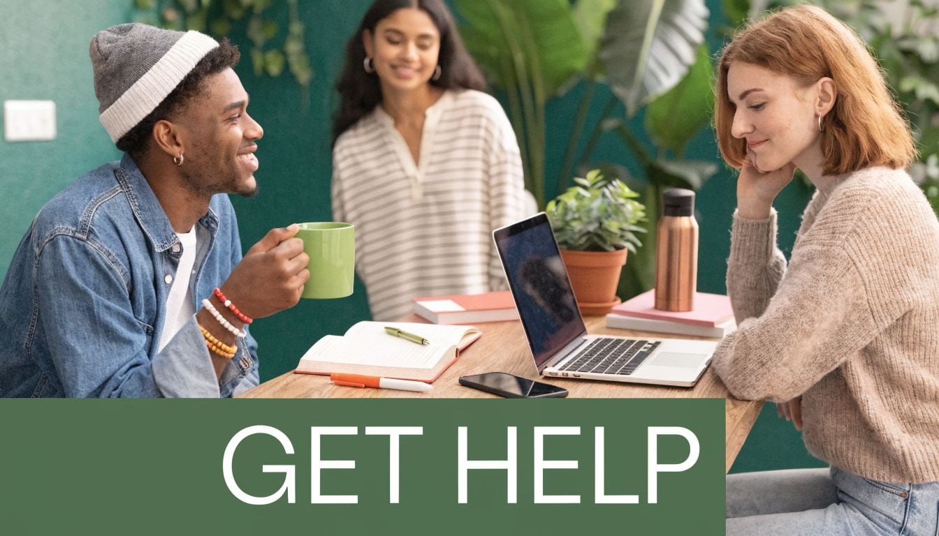 Three young adults collaborating and talking while working on a laptop at a table in an office.
