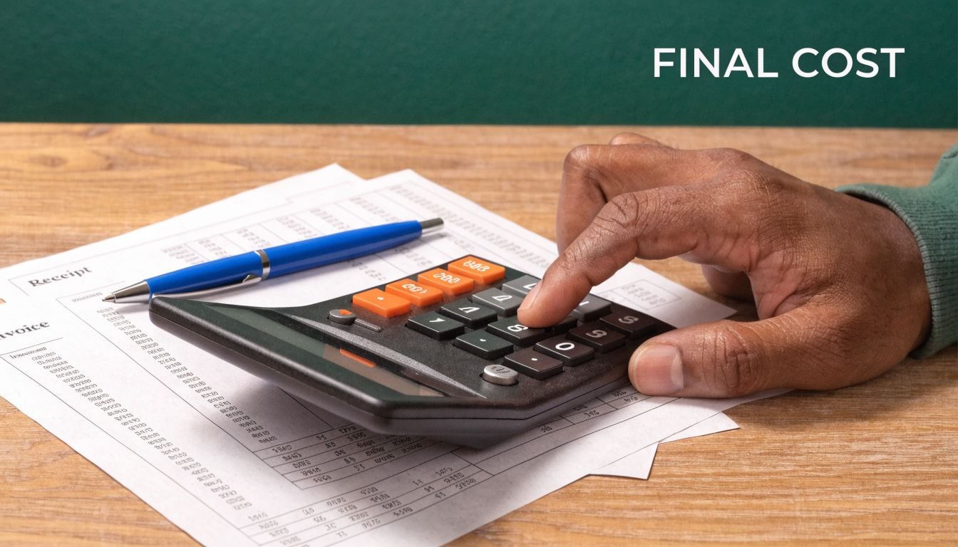 A close-up view of a person using a calculator on top of a financial invoice document.