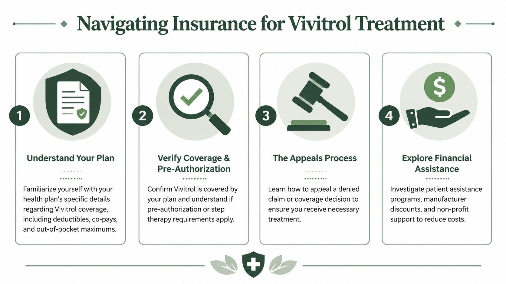 A four-step infographic guide explaining how to navigate insurance processes and financial assistance for Vivitrol treatment.