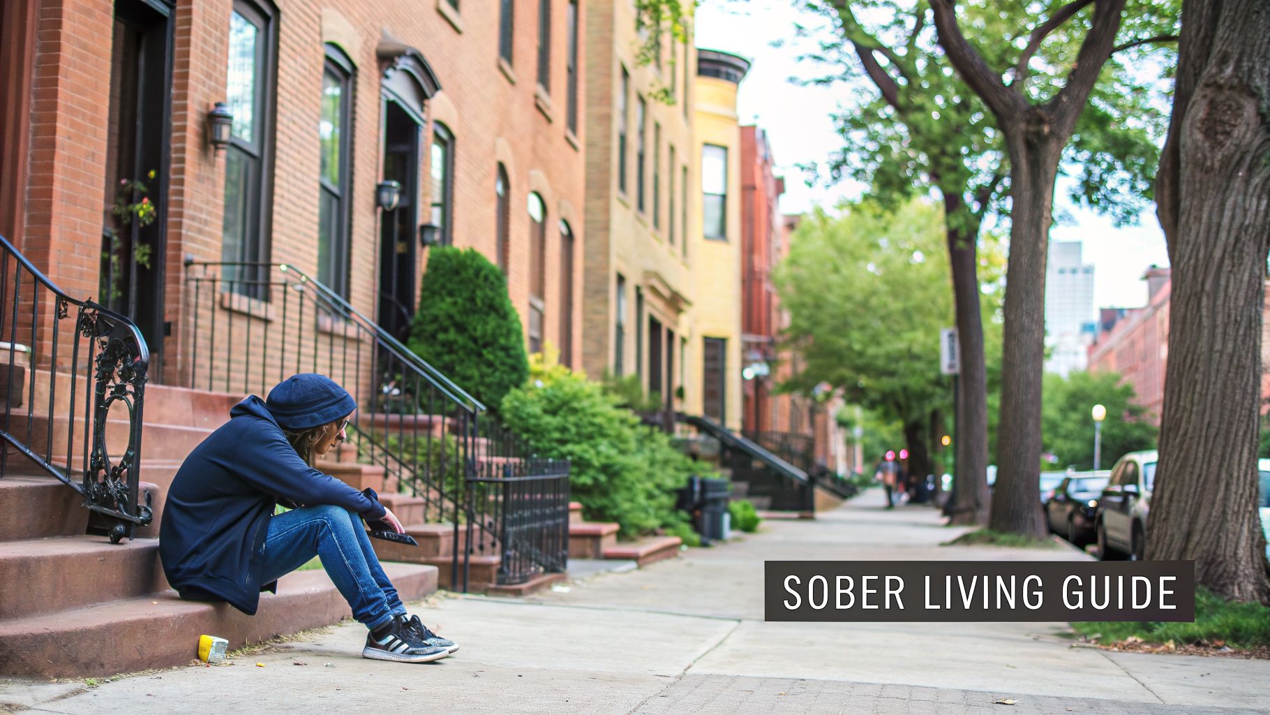 A person in a blue hoodie sits on brownstone steps in a city, with a 'Sober Living Guide' banner.