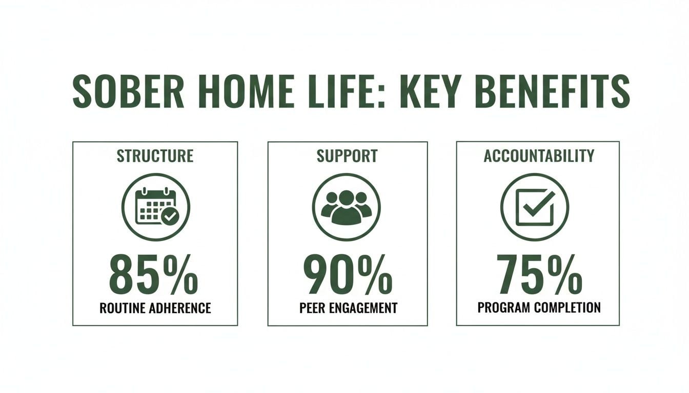An infographic detailing key benefits of sober home life: structure, support, and accountability with percentages.