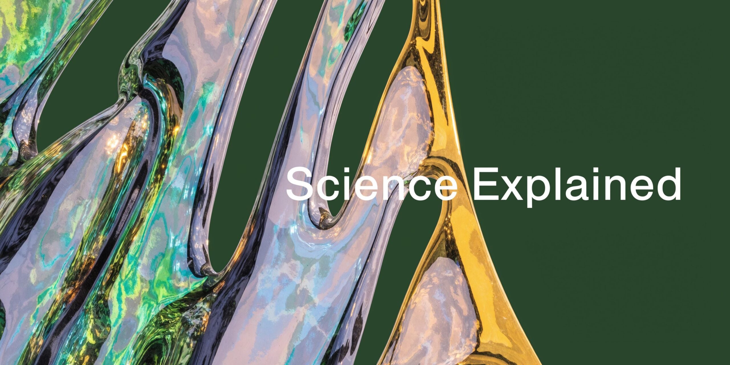 Abstract artistic render featuring translucent flowing liquid shapes in green, blue, and gold against a dark background.