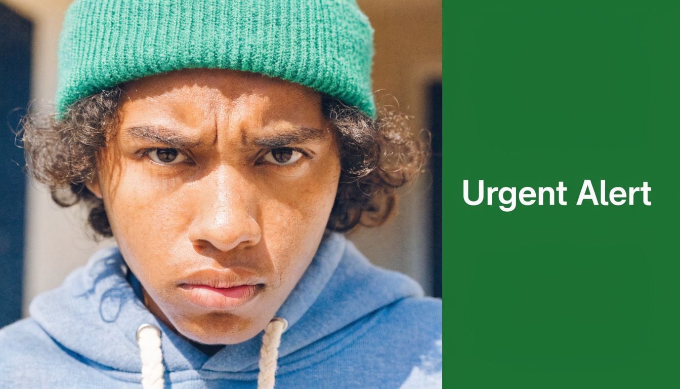 A young person with a serious and intense expression wearing a green beanie and blue hoodie.