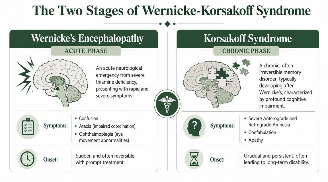 An infographic detailing the two stages of Wernicke-Korsakoff syndrome: acute Wernicke's encephalopathy and chronic Korsakoff syndrome.