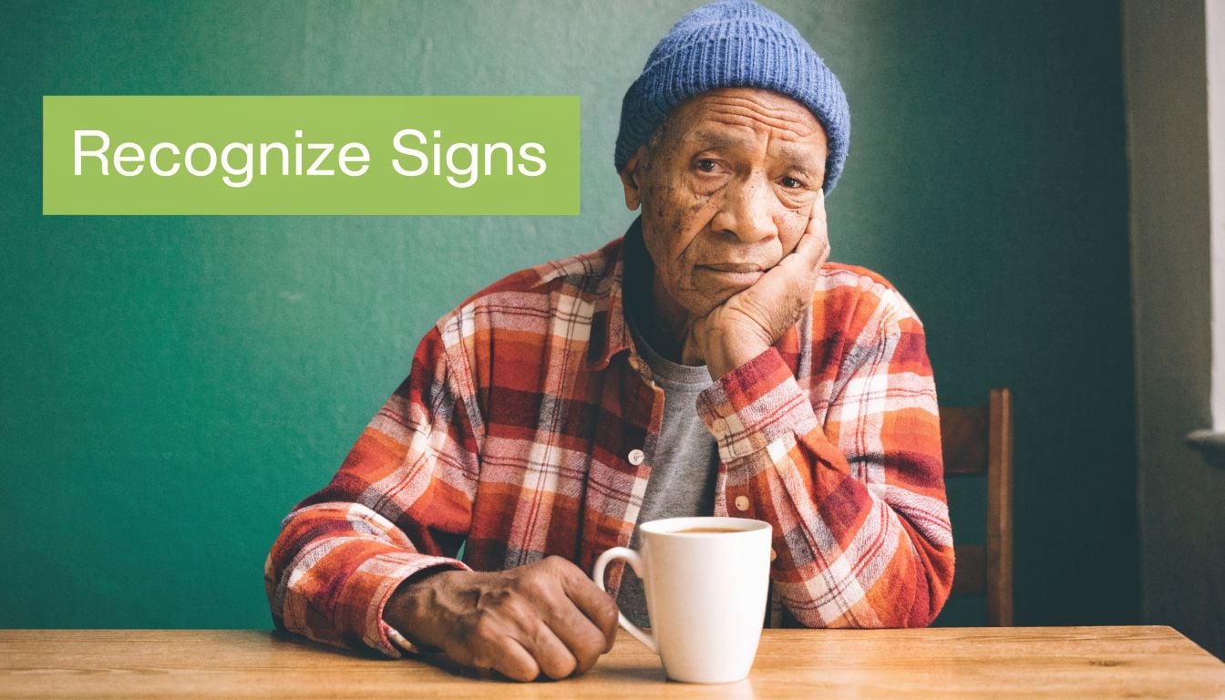 An elderly man wearing a beanie, sitting at a table with a coffee cup, looking deeply concerned.