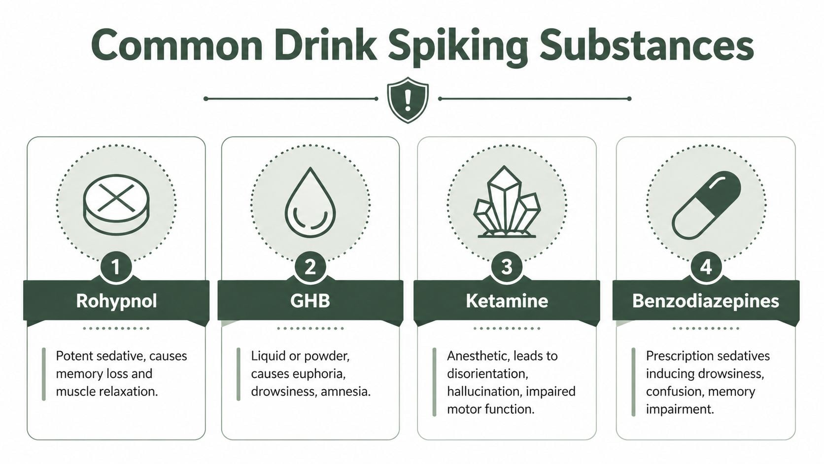 An educational infographic outlining four common substances used in drink spiking, including their effects and forms.