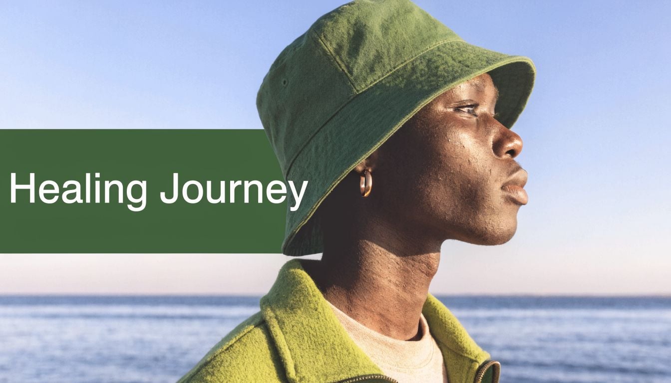 A profile view of a young person wearing a green bucket hat looking towards the horizon.