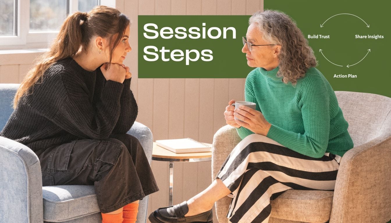 A professional therapist holds a session with a young woman in a comfortable office setting.