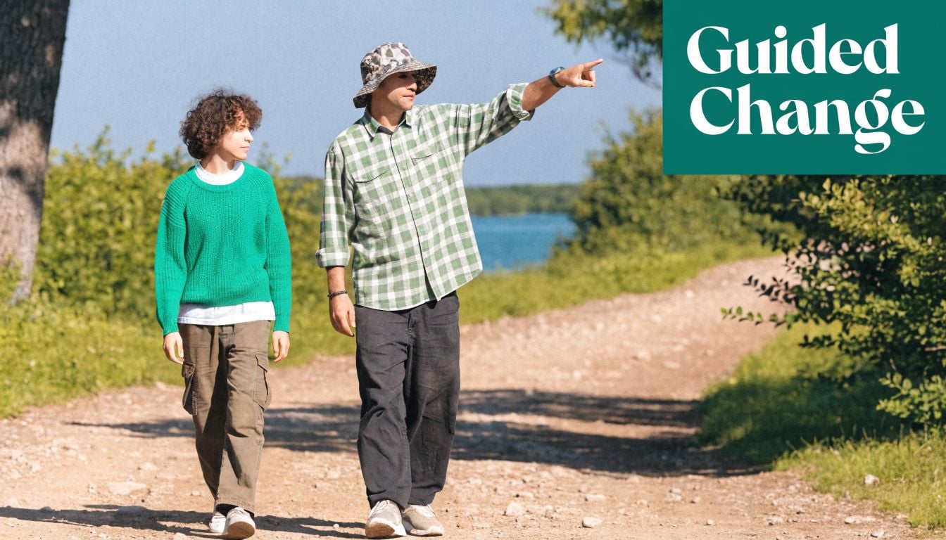 A young person and a mentor walking on a dirt path with the mentor pointing forward.