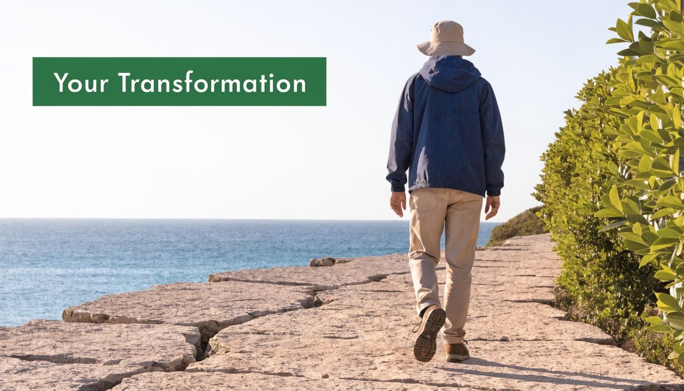 An older man wearing a hat and jacket walking along a rocky path near the blue ocean.