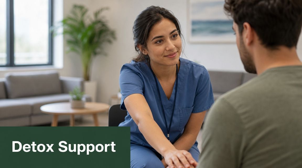 A compassionate nurse offers comfort and detox support to a patient during a consultation in a clinic.