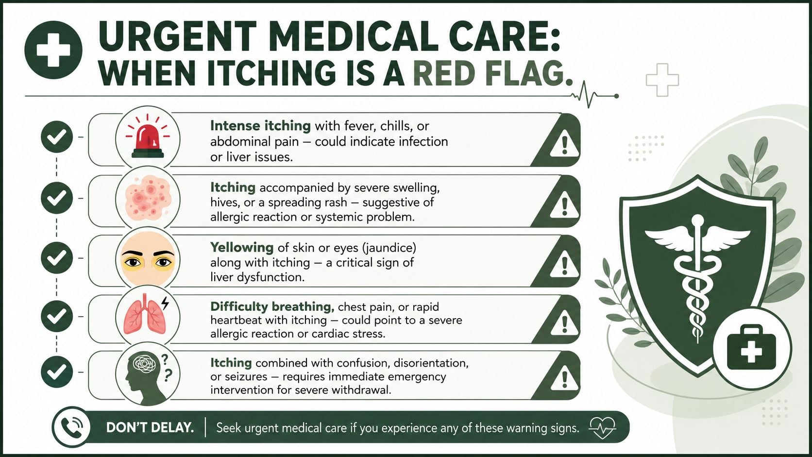 An infographic detailing five warning signs where itching indicates a need for urgent medical care.