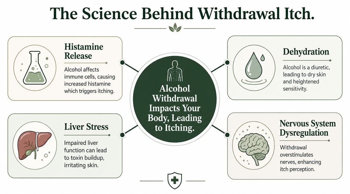 An infographic explaining the scientific reasons for alcohol withdrawal itching, including histamine release, dehydration, liver stress, and nervous system dysregulation.