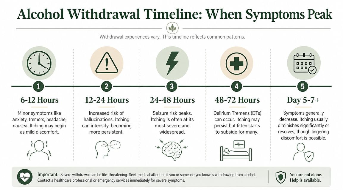A timeline graphic illustrating the stages and common symptoms of alcohol withdrawal over seven days.