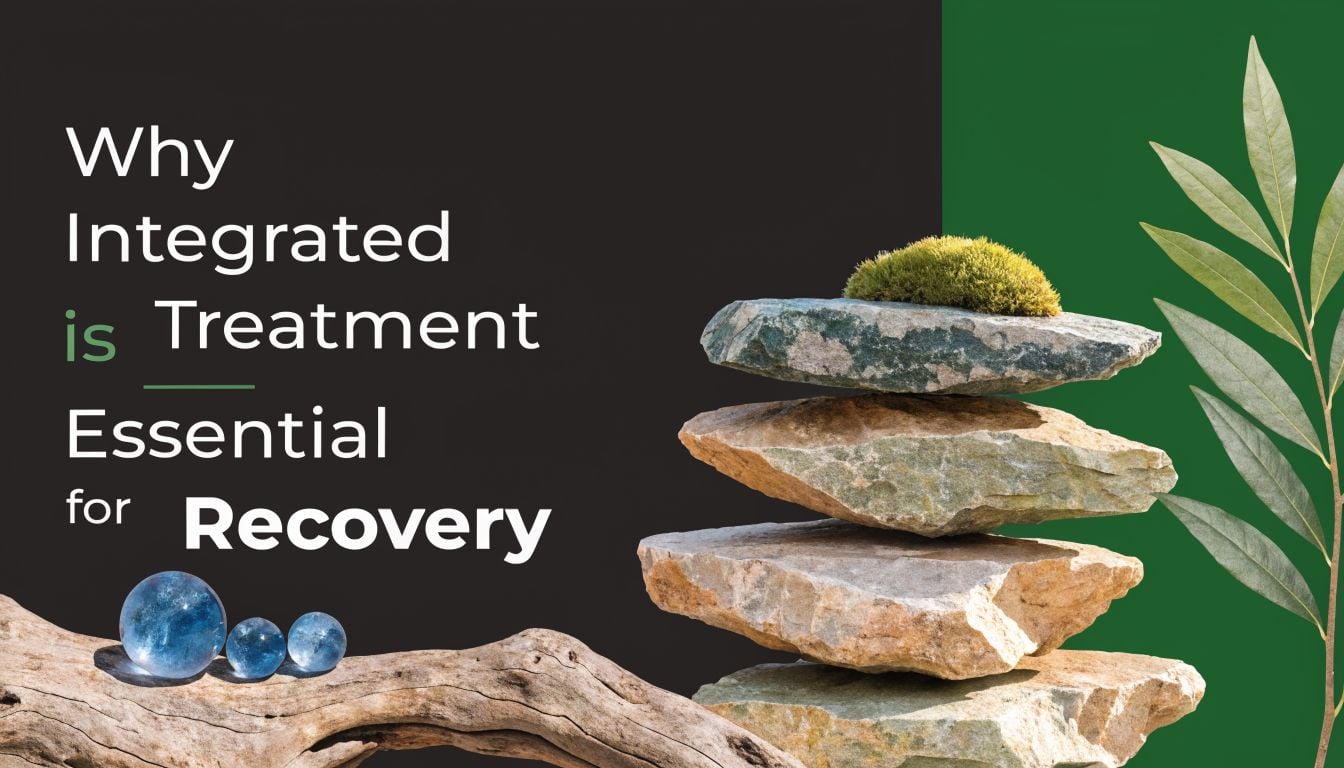 A conceptual graphic displaying balanced stones with moss and a branch, representing holistic mental health recovery.