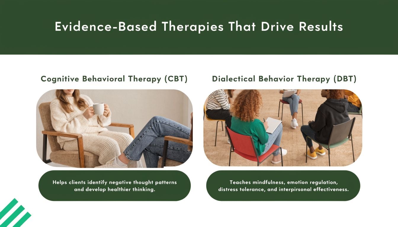 A slide titled Evidence-Based Therapies showcasing Cognitive Behavioral Therapy and Dialectical Behavior Therapy with descriptions.