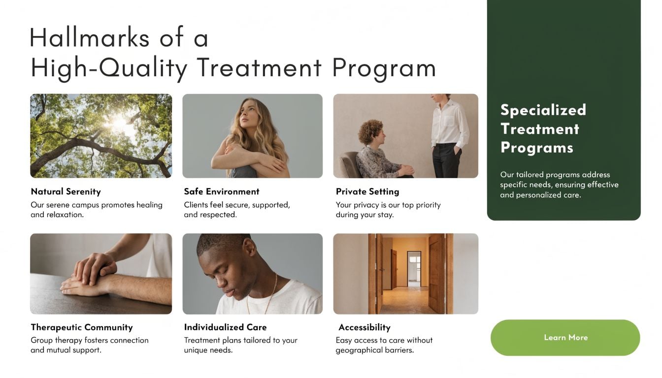 A list of six hallmarks of a high-quality treatment program including natural serenity, safe environment, and accessibility.