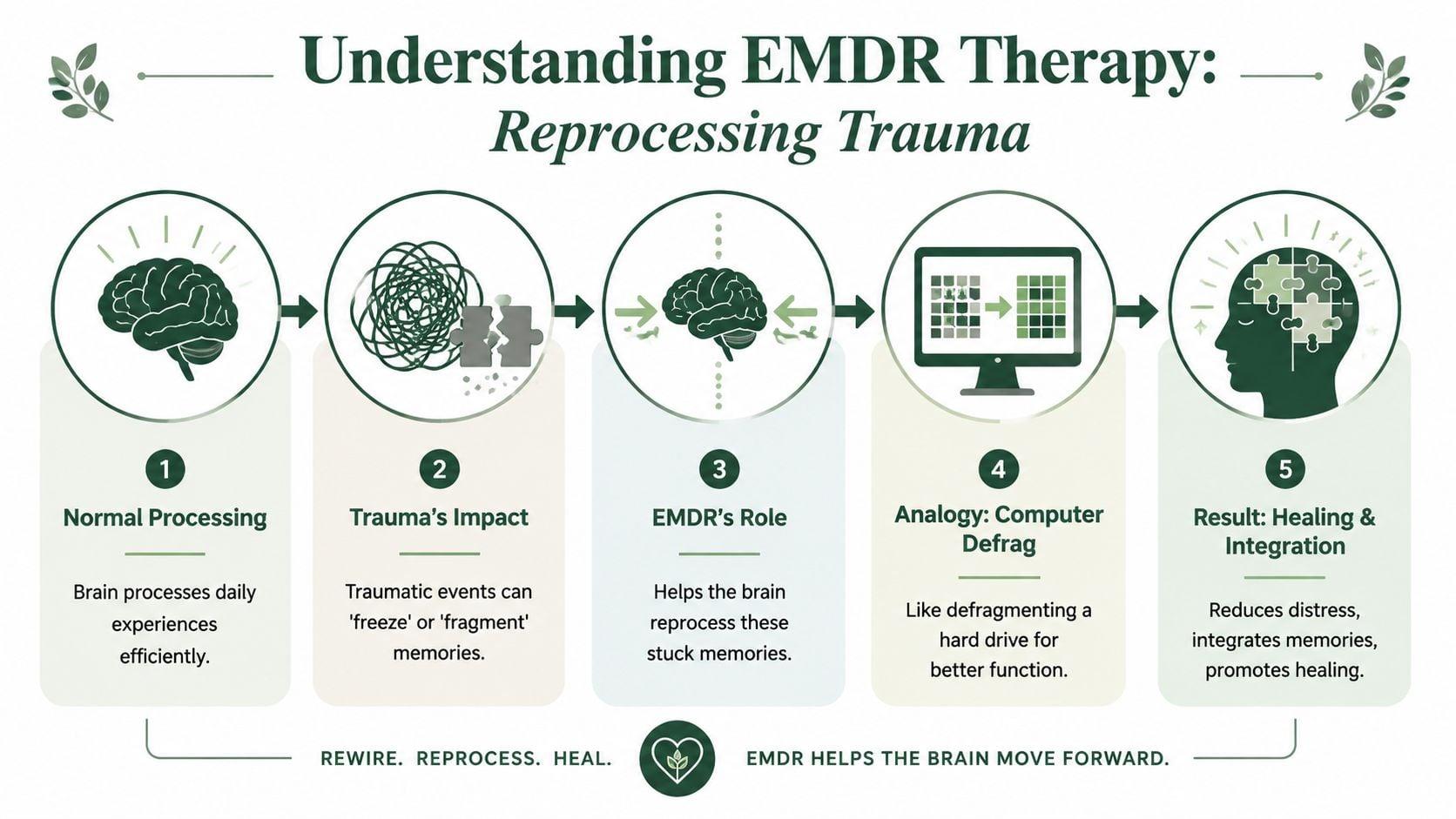 A diagram illustrating the five stages of EMDR therapy and how it helps reprocess traumatic memories.