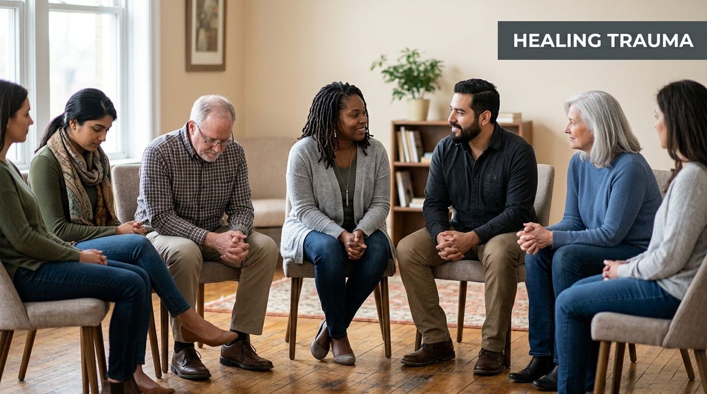 Diverse people sitting in a circle during a group therapy session focusing on emotional healing.
