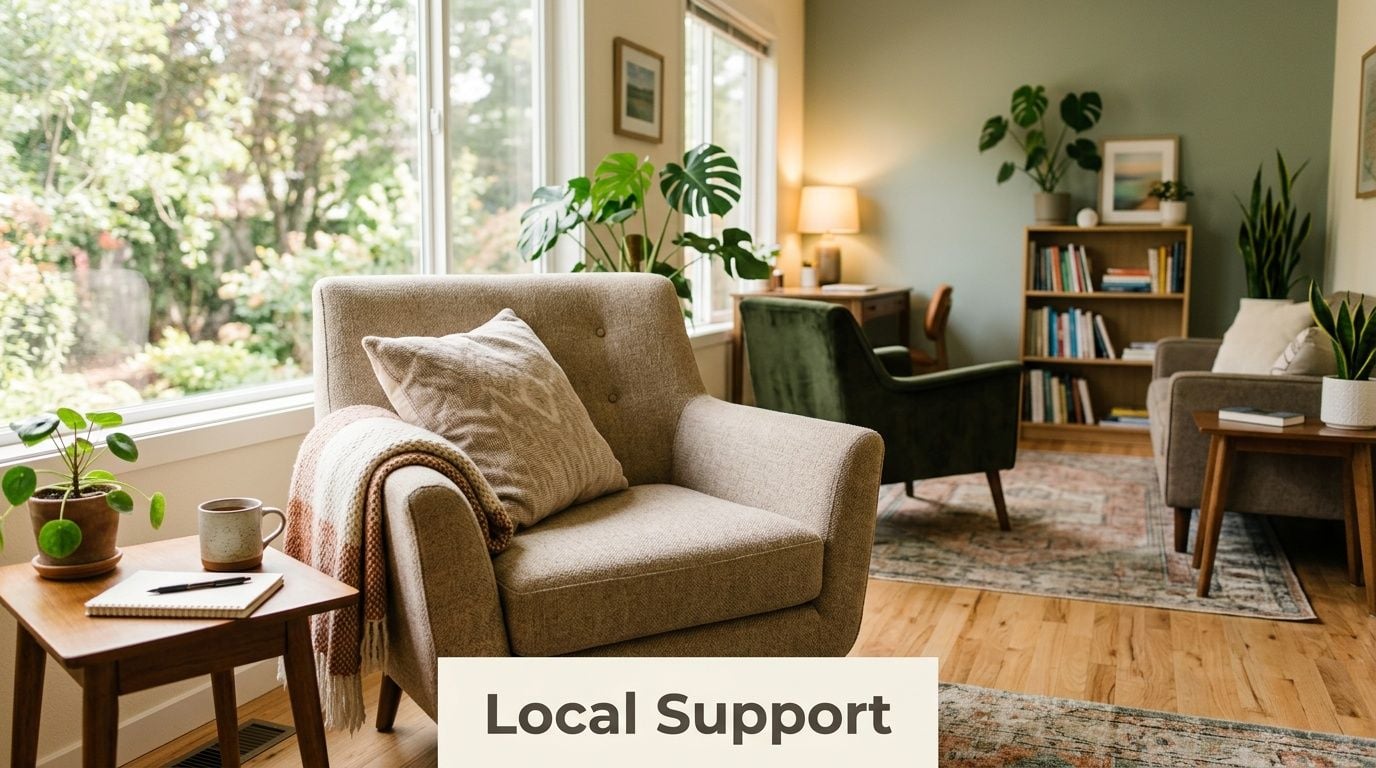 A cozy, sunlit living room with comfortable armchairs, a wooden side table, and indoor plants.