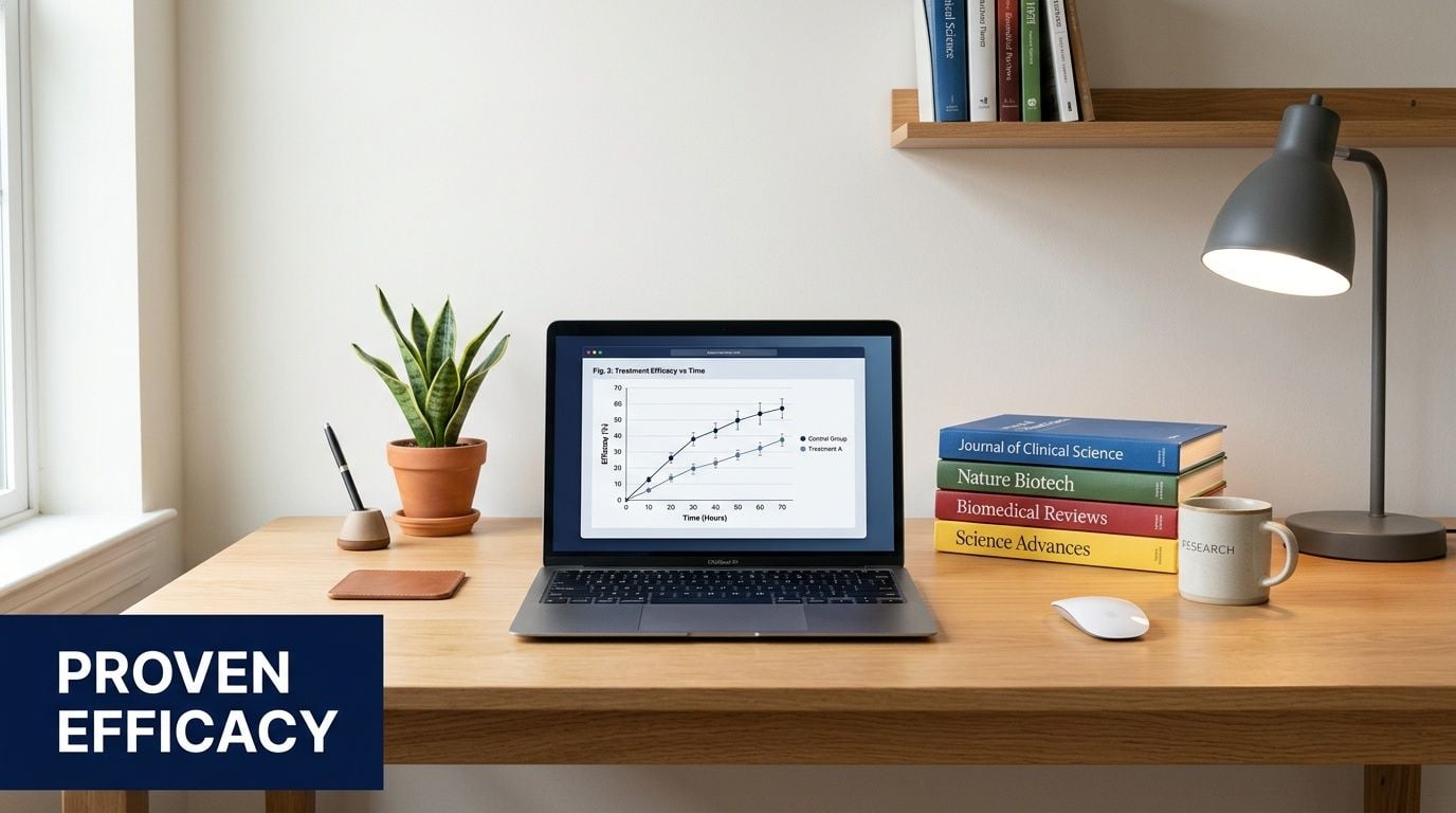A modern home office setup featuring a laptop displaying a scientific efficacy chart on a wooden desk.