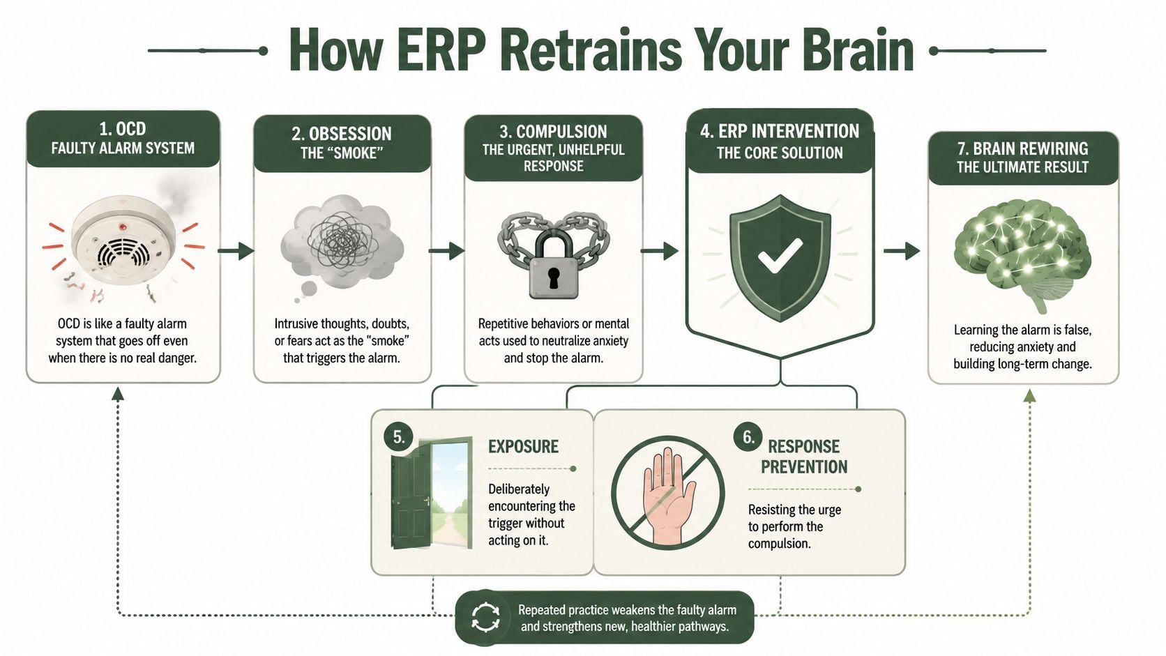 A flowchart explaining how ERP therapy retrains the brain to overcome OCD through exposure and response prevention.
