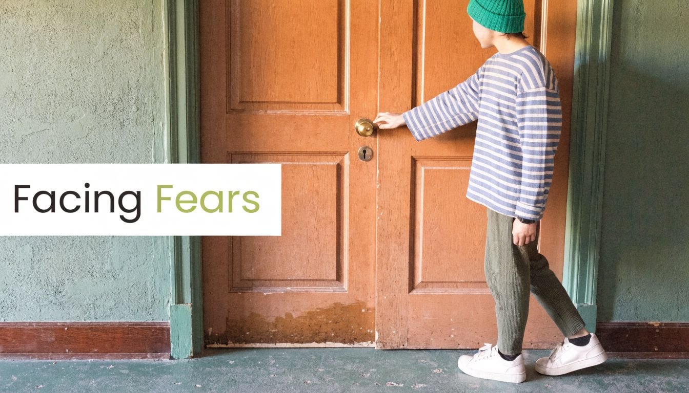 A person wearing a beanie and striped shirt reaches to open an old wooden door.