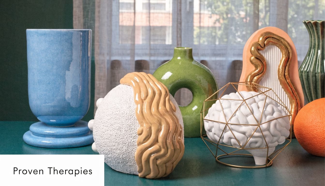 A collection of colorful ceramic art pieces, including a brain sculpture, sitting on a dark green table.