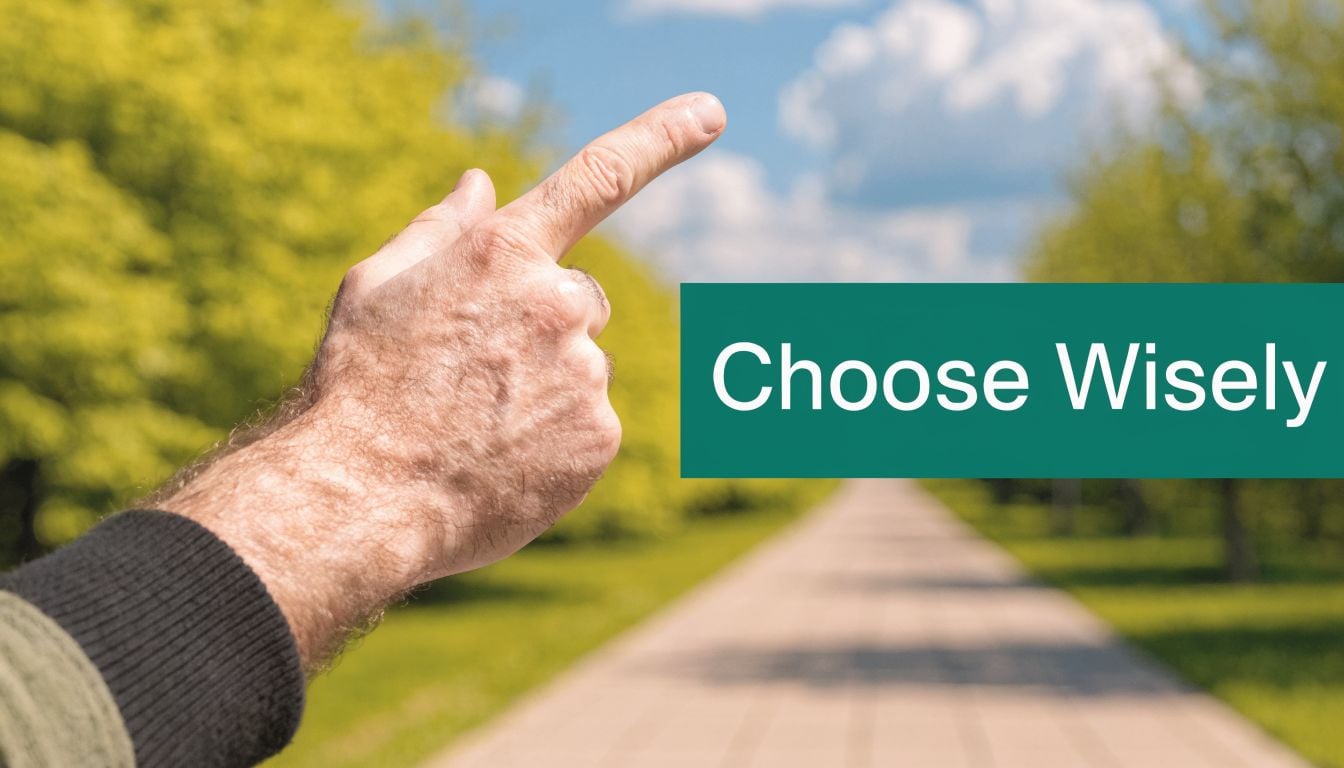 A man's hand pointing toward a green sign with text choose wisely in a park setting.