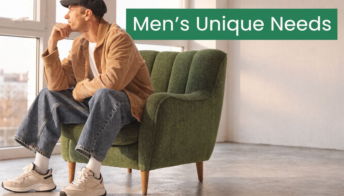 A man in a corduroy jacket and jeans sitting thoughtfully in a green armchair near a window.