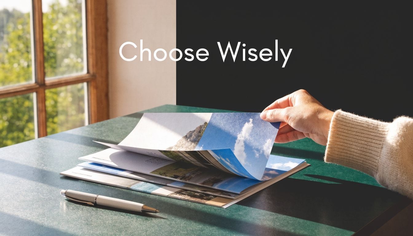 A person flipping through brochure pages on a desk with a pen in a sunlit room.