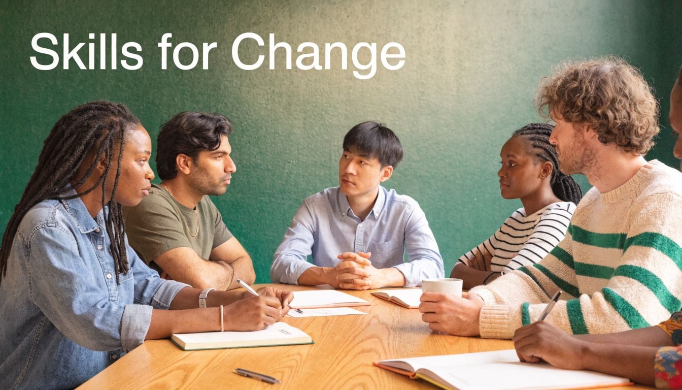 A diverse group of young adults sitting at a wooden table during a collaborative group therapy session.