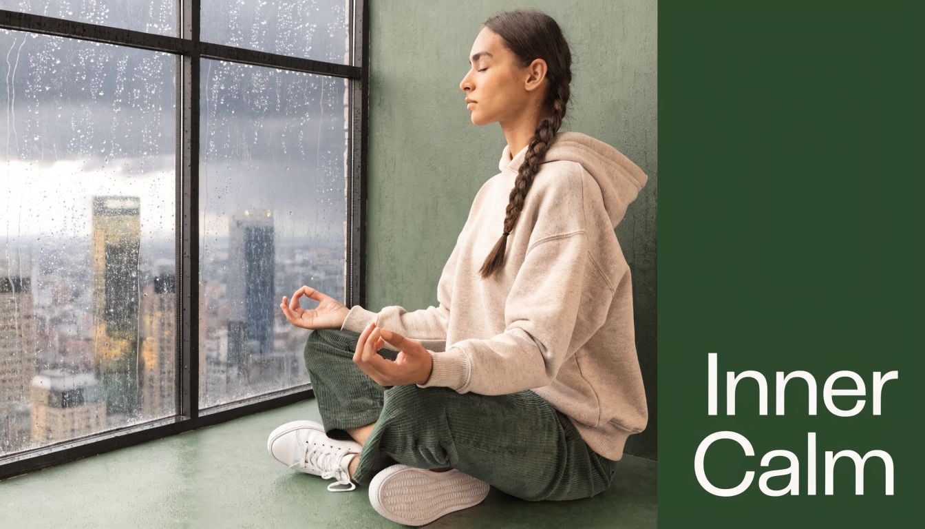 A young woman in a hoodie and corduroy pants sits by a rainy window practicing mindful meditation.