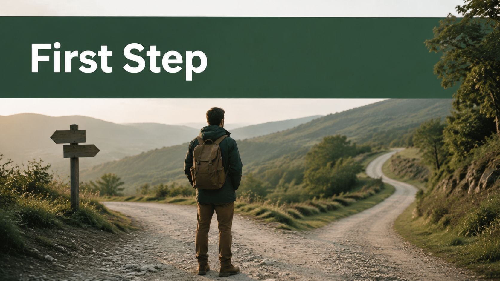 A hiker with a backpack stands at a fork in a dirt path while contemplating their journey.