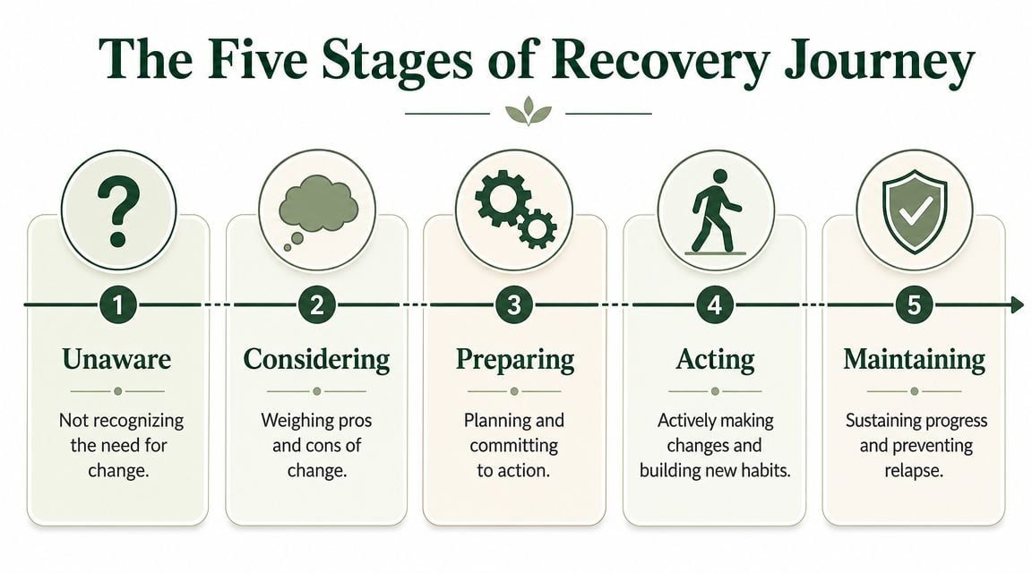 A diagram illustrating the five stages of recovery journey from being unaware to maintaining progress.