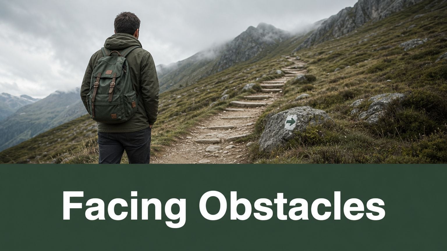 A person with a backpack stands on a mountain path facing a trail with text overlay.