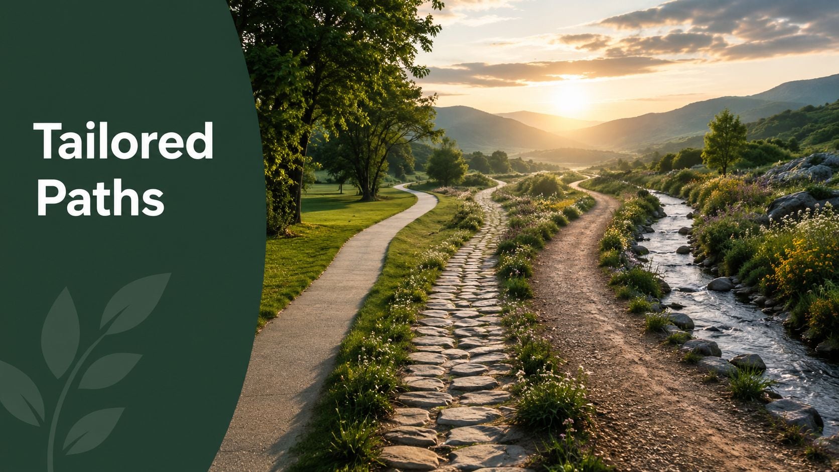 A serene landscape featuring a paved path, a cobblestone walkway, and a dirt trail beside a stream.