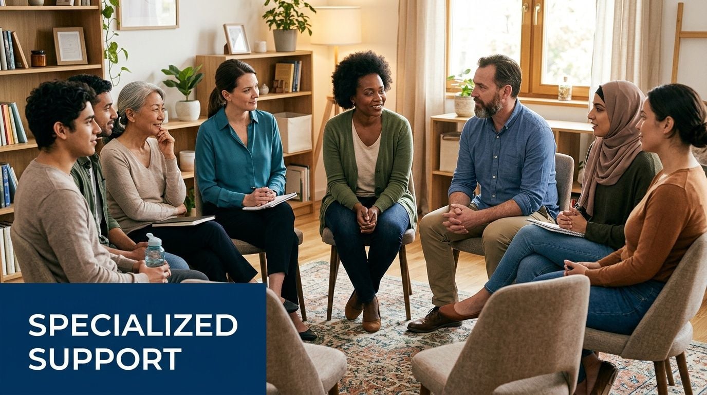 A diverse group of adults sitting in a circle during a professional counseling or therapy session.