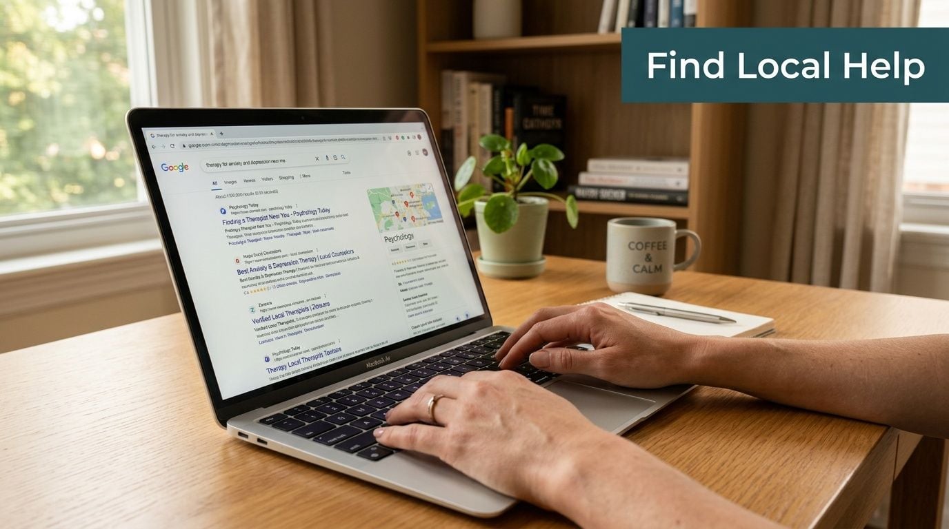 A person using a laptop to search for local therapy services for mental health support.