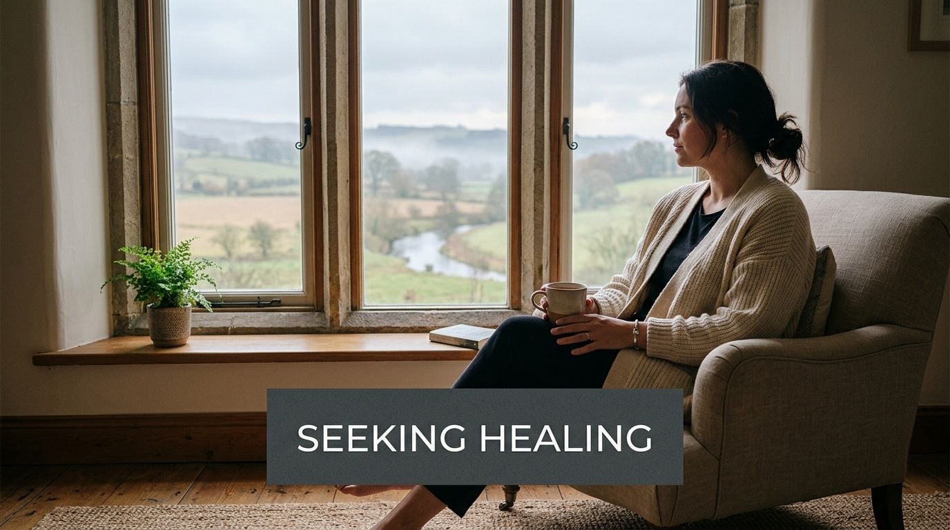 A woman with a mug sits in an armchair by a window looking at a peaceful landscape.