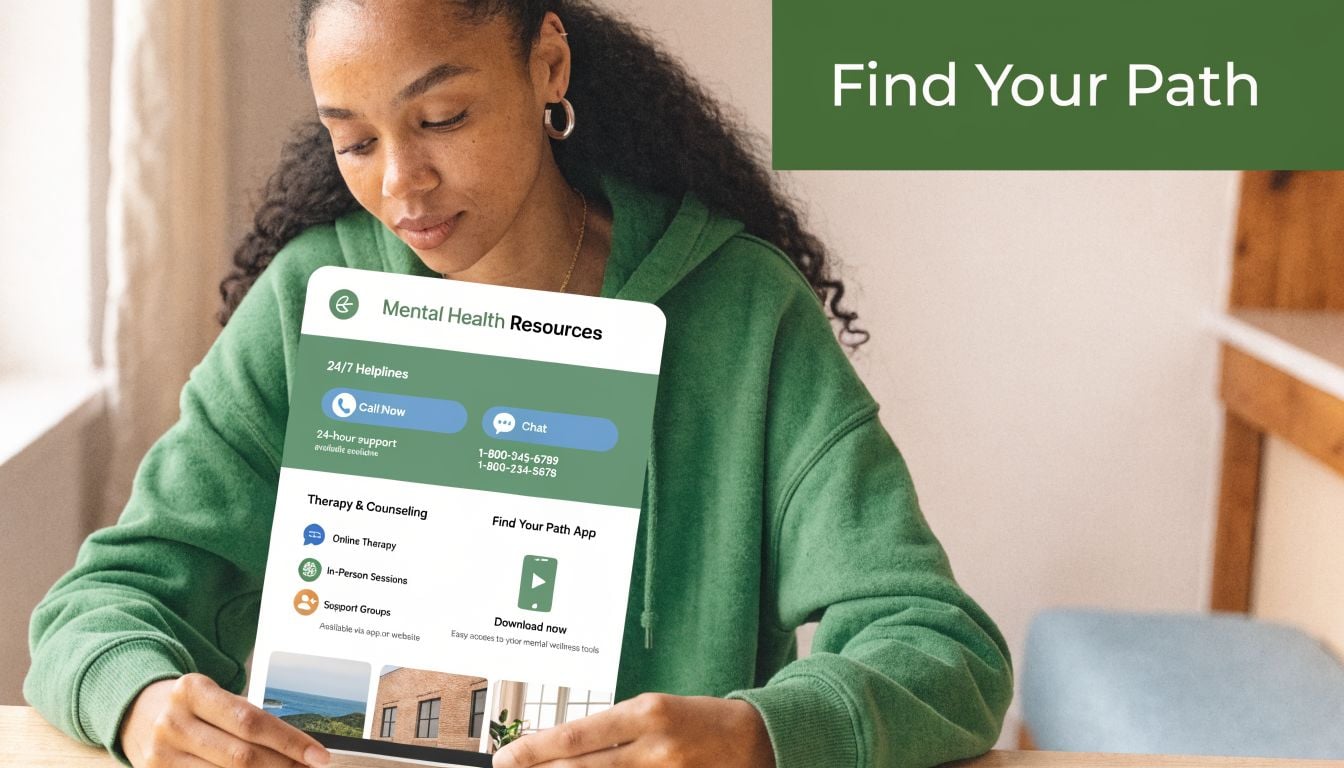 A woman holding a mental health resources flyer with information on helplines, therapy, and mobile app tools.