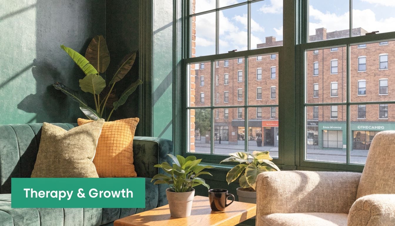 A cozy, sunlit therapy office featuring a green couch, a plush chair, and indoor plants.