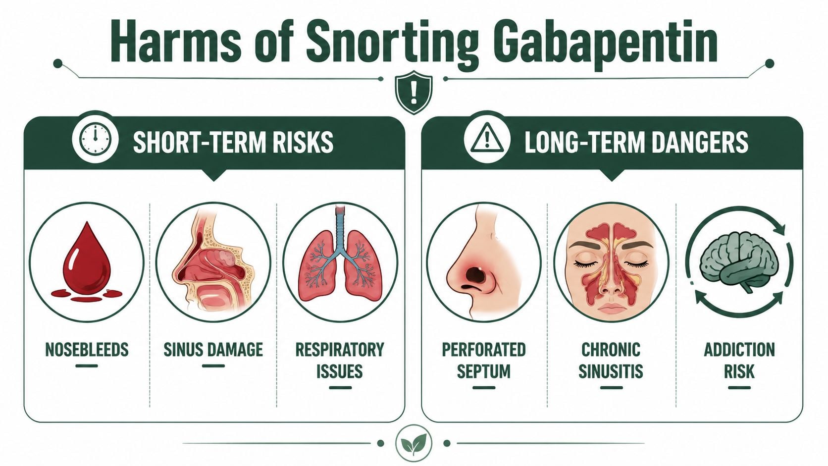 An infographic detailing the short-term and long-term health risks and dangers of snorting gabapentin.
