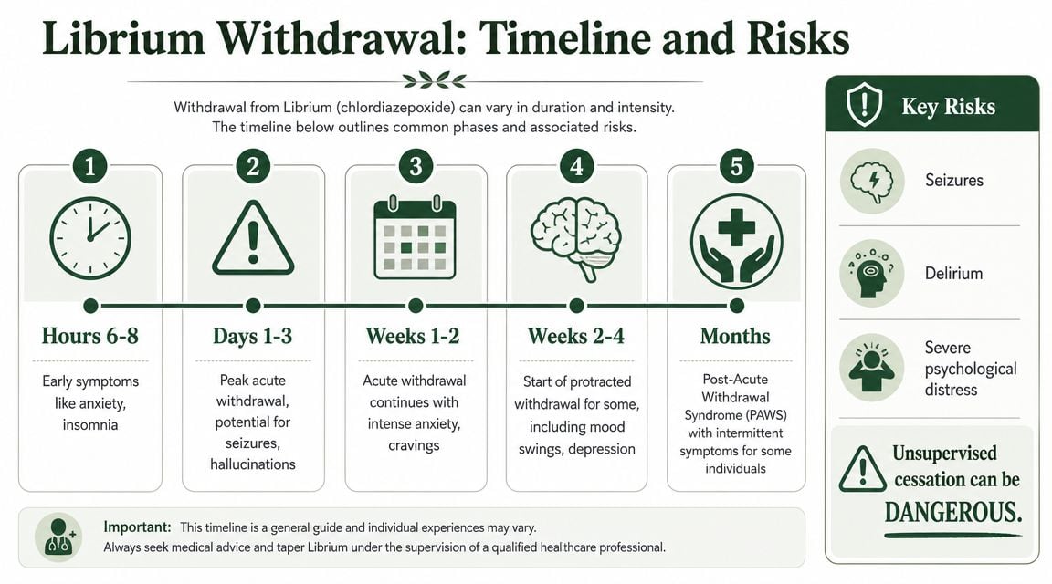 A timeline infographic detailing the phases, symptoms, and potential health risks of Librium withdrawal over time.