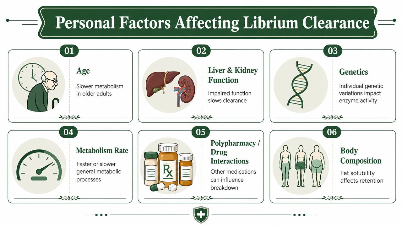 An infographic detailing six personal health factors, including age and metabolism, that affect how Librium clears from the system.
