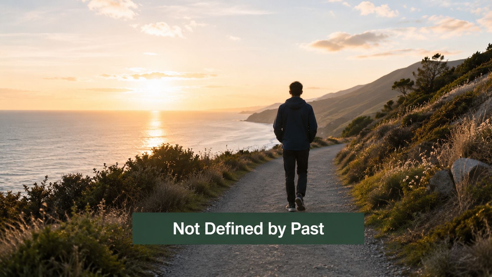 A person walking on a scenic coastal trail during sunset with the text Not Defined by Past