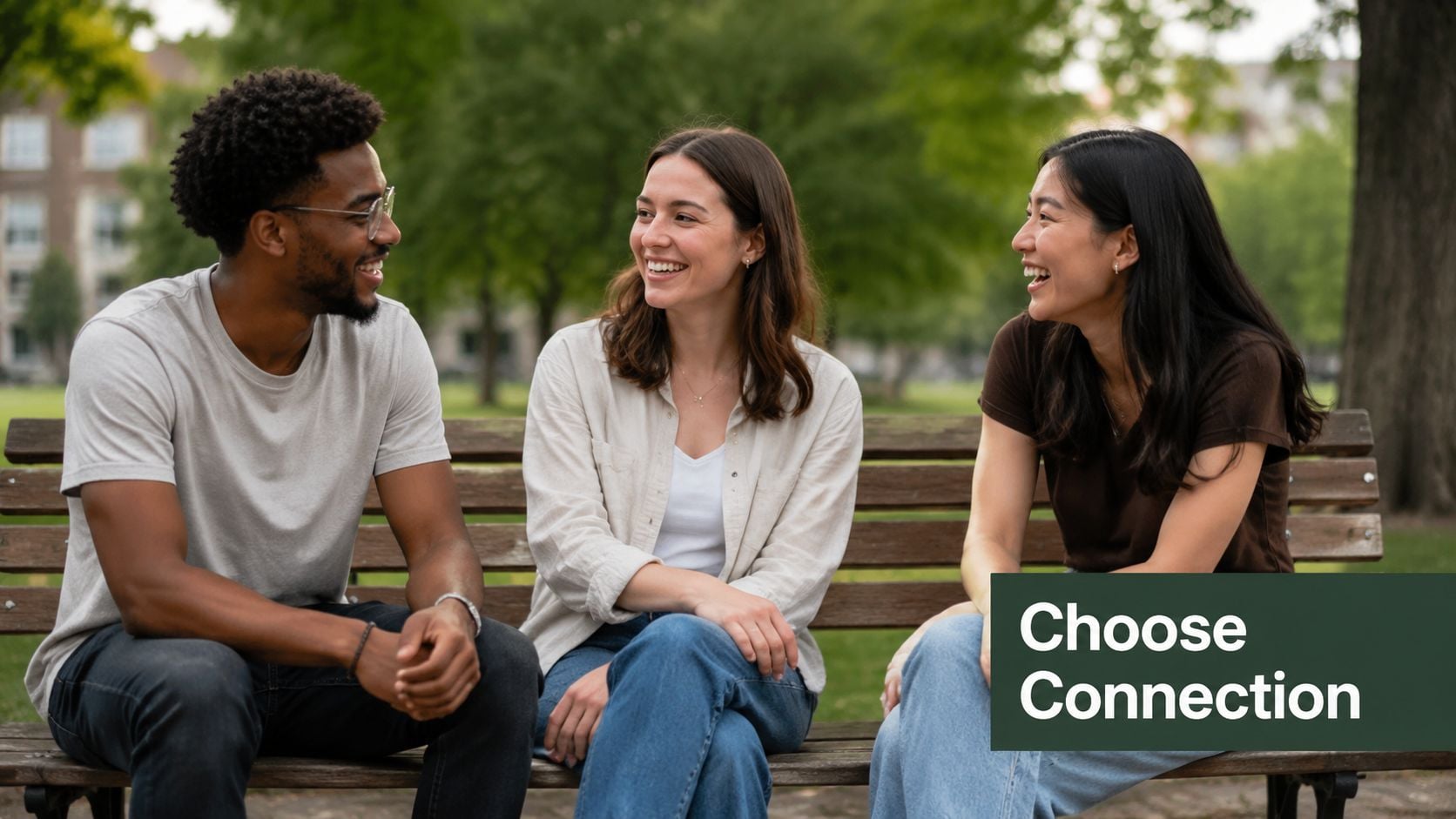 Three diverse young adults sitting on a park bench together, engaged in a cheerful and friendly conversation.
