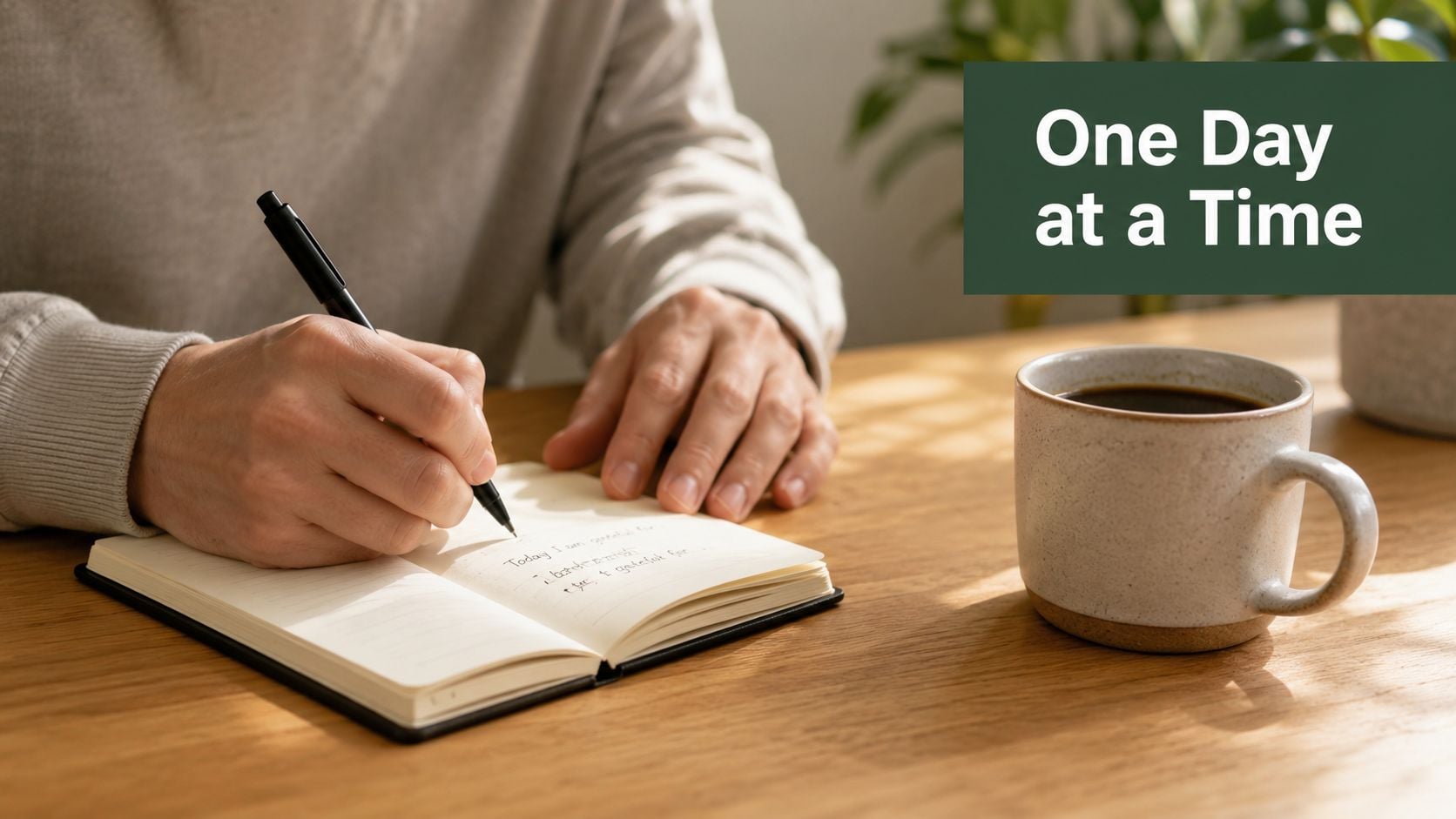 A person writing in a journal with a pen next to a mug on a desk.