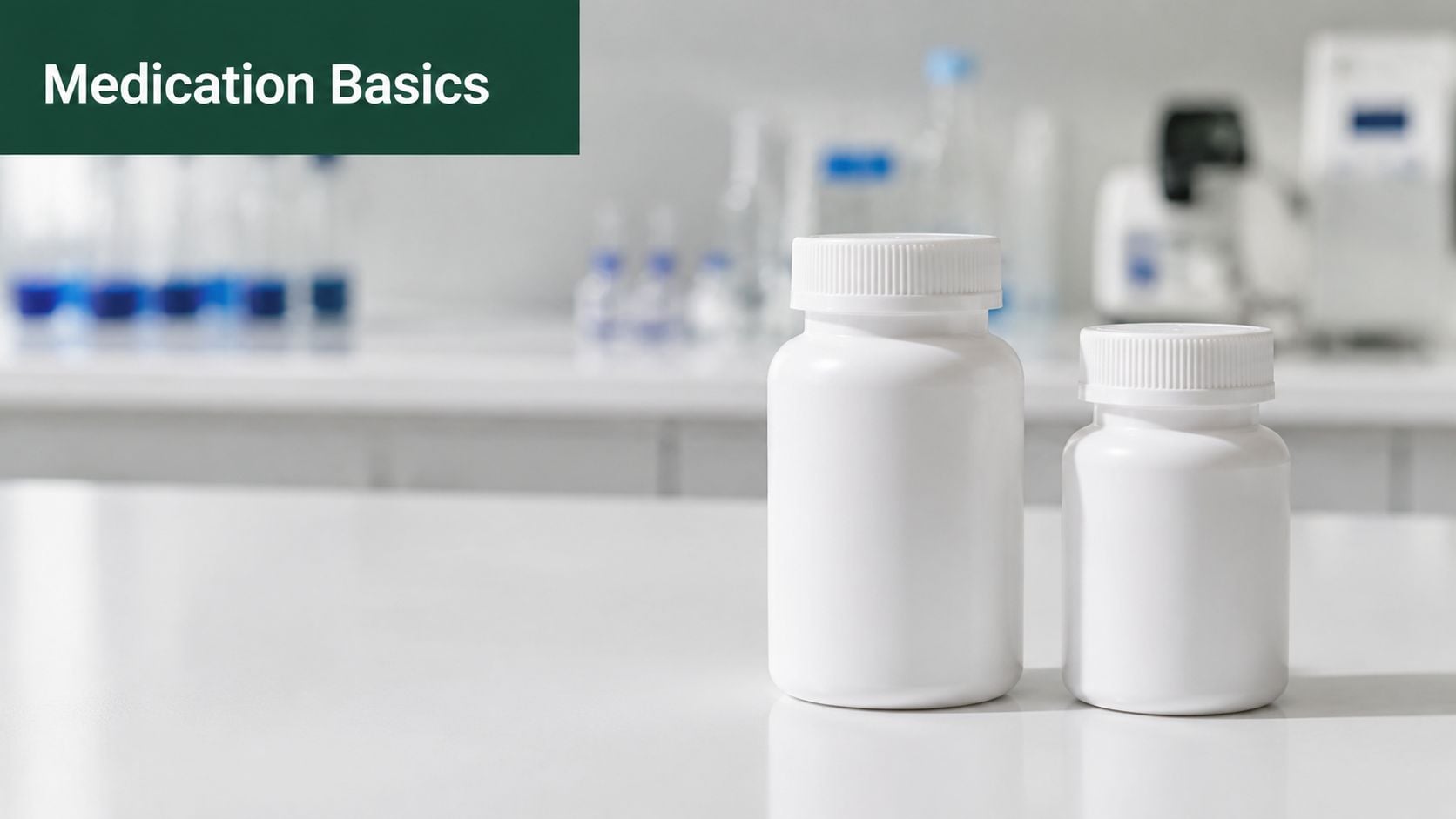 Two blank white medication bottles sitting on a clean surface in a laboratory or pharmacy setting.