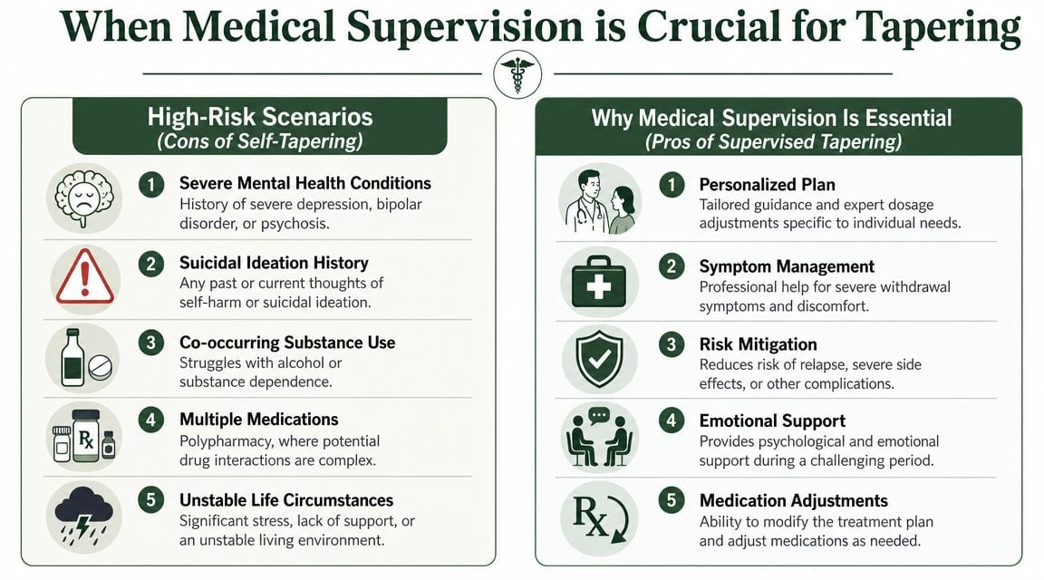 An infographic titled When Medical Supervision is Crucial for Tapering, outlining high-risk scenarios and benefits of supervision.